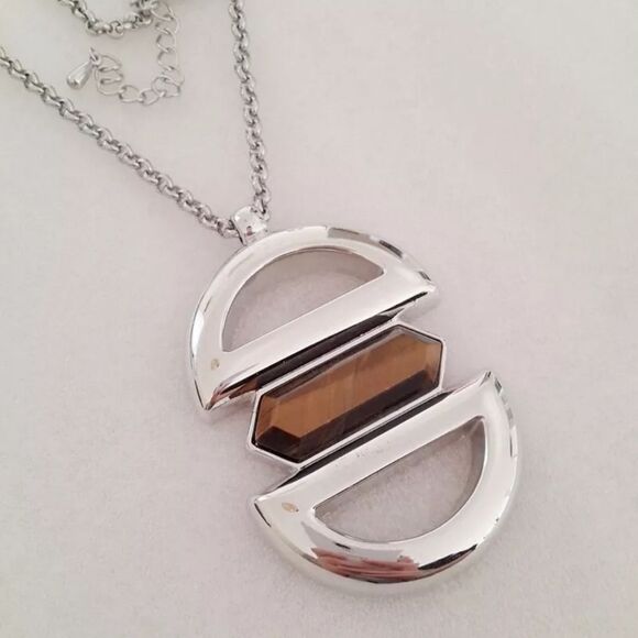 Lia Sophia Silver and Brown Geometric Pendant Necklace 32" NWT - Picture 2 of 2
